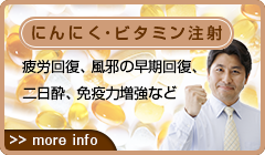 にんにく・ビタミン注射　疲労回復、風邪の早期回復、二日酔、免疫力増強など